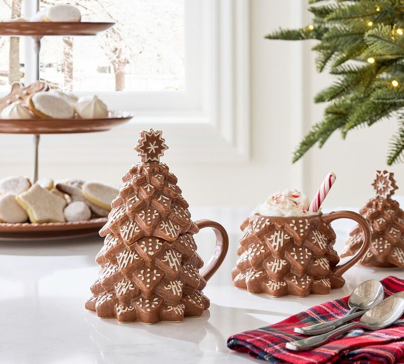 Gingerbread Tree Stoneware Lidded Mugs, Set of 4 - Brown