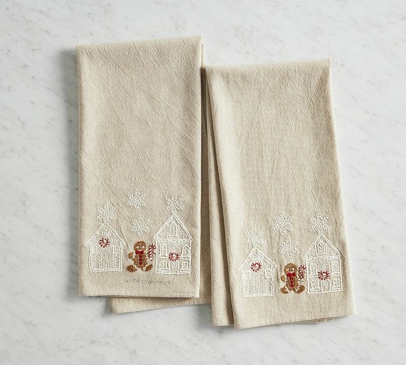 Gingerbread Village Embroidered Tea Towels, Set of 2 - Neutral