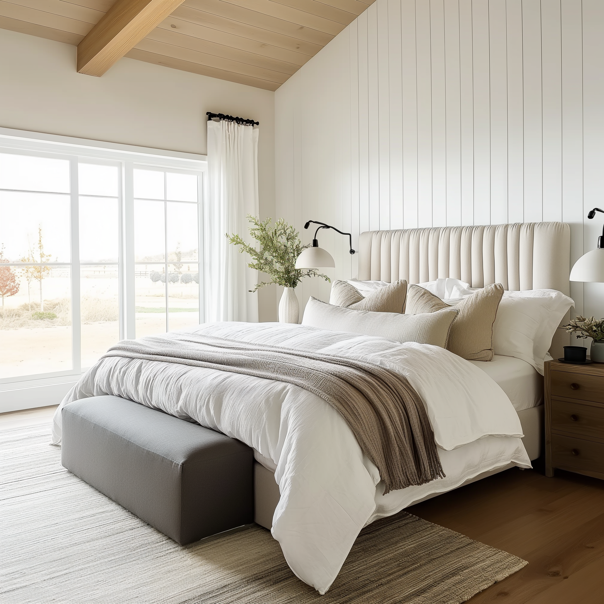 Upholstered bench at the foot of a neatly made bed